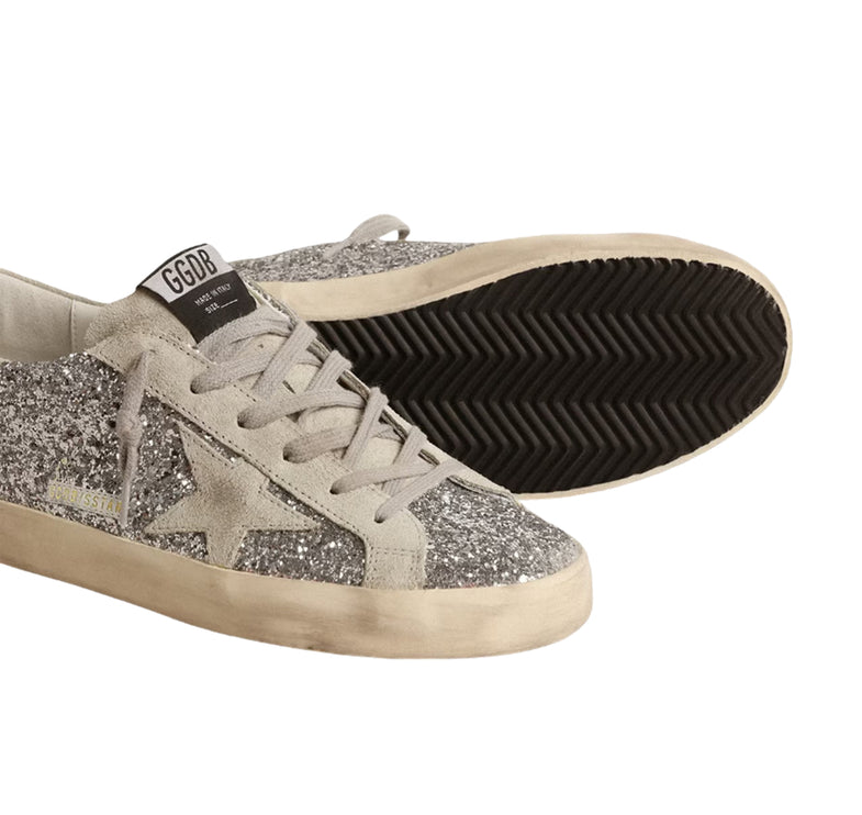 Golden Goose Women's Super Star in Silver Glitter with Ice Gray Suede Star