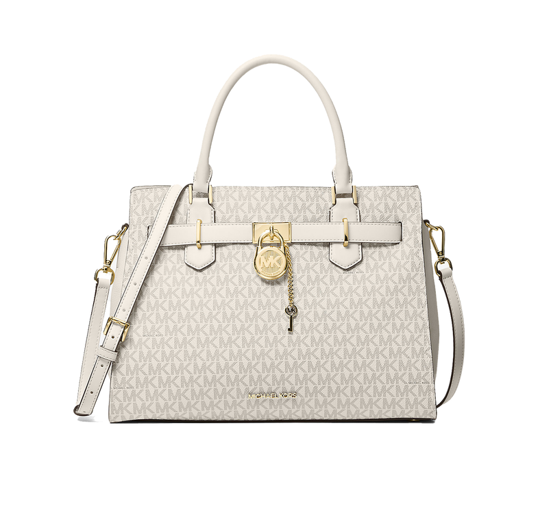 Michael Kors Women's Hamilton Medium Logo Satchel Bag Light Cream Multi/Gold