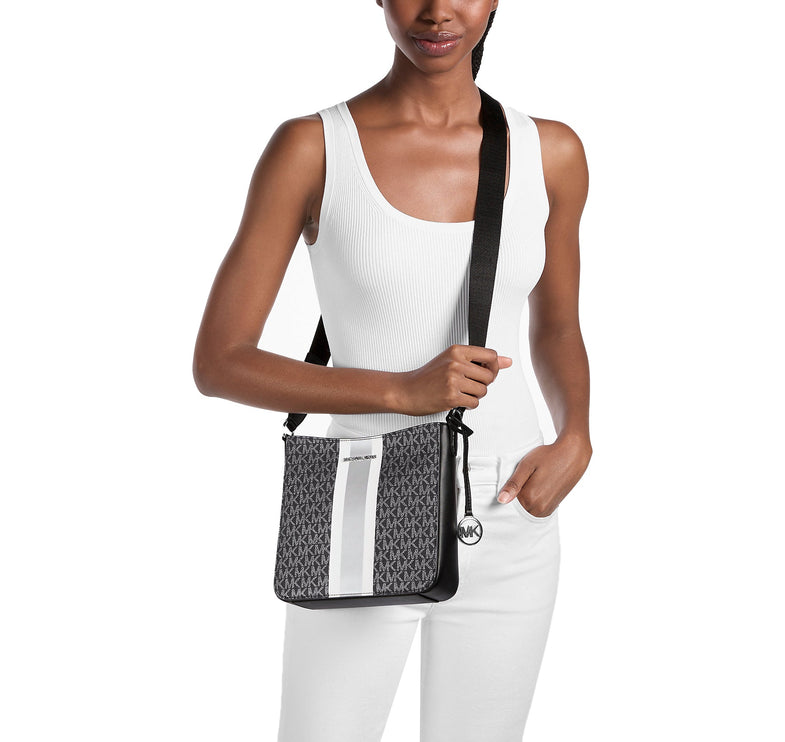 Michael Kors Women's Jet Set Small Signature Logo Stripe Crossbody Bag Black/Silver