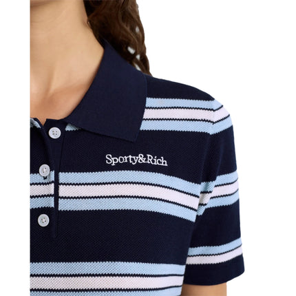 Sporty & Rich Women's Serif Logo Silk Pique Cropped Polo Navy/White/Flax Blue