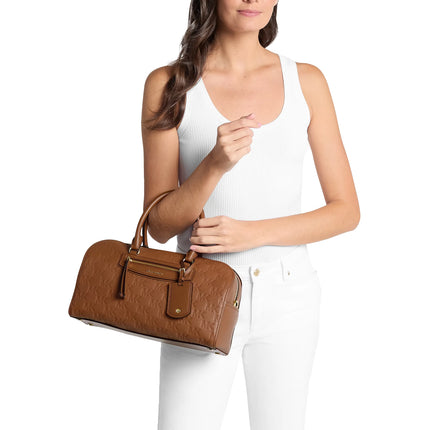 Michael Kors Women's Jet Set Travel Medium Logo Embossed Leather Duffel Crossbody Bag Luggage