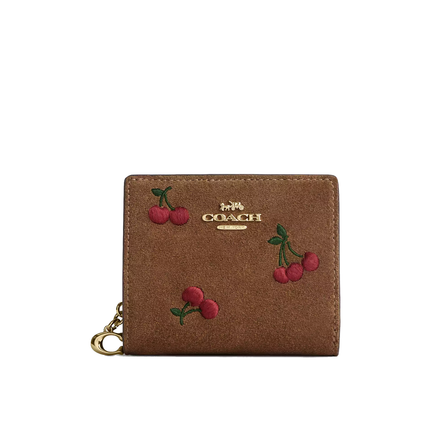 Coach Women's Snap Wallet With Cherry Embroidery Suede/Gold/Cedar Multi