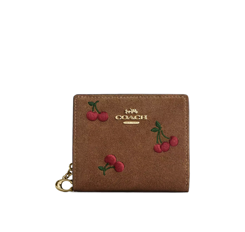 Coach Women's Snap Wallet With Cherry Embroidery Suede/Gold/Cedar Multi