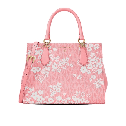 Michael Kors Women's Marilyn Medium Printed Signature Logo Satchel Bag Carnation/Gold