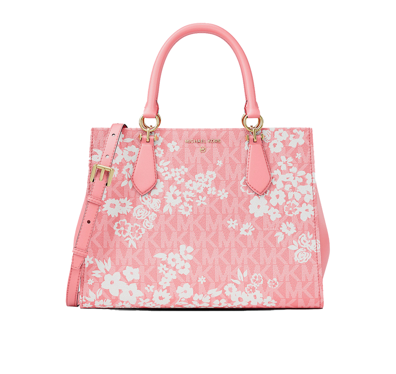 Michael Kors Women's Marilyn Medium Printed Signature Logo Satchel Bag Carnation/Gold