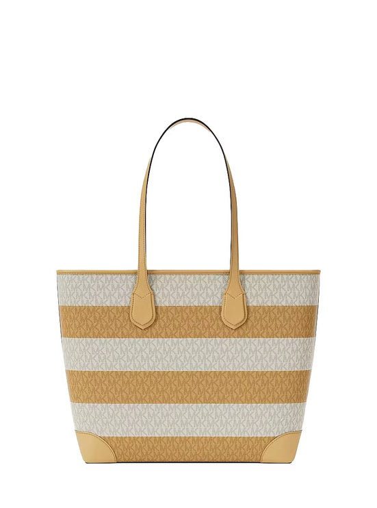Michael Kors Women's Eva Large Striped Signature Logo Tote Bag Honeywheat/Gold