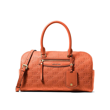 Michael Kors Women's Jet Set Travel Medium Logo Embossed Leather Duffel Crossbody Bag Mimosa