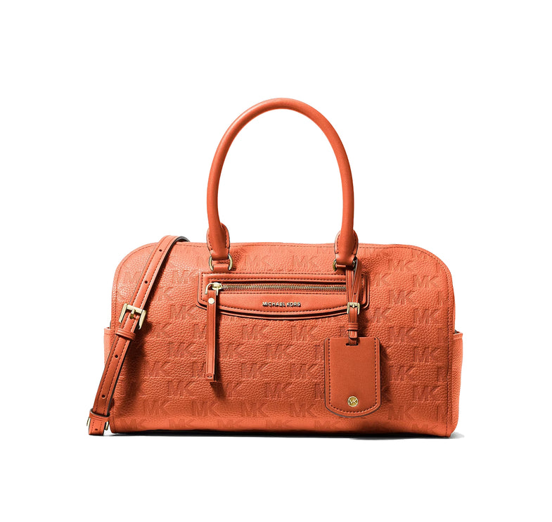 Michael Kors Women's Jet Set Travel Medium Logo Embossed Leather Duffel Crossbody Bag Mimosa