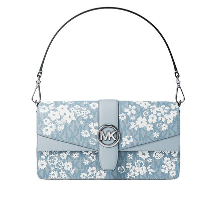 Michael Kors Women's Greenwich Medium Printed Signature Logo Convertible Shoulder Bag Pale Ocean/Silver