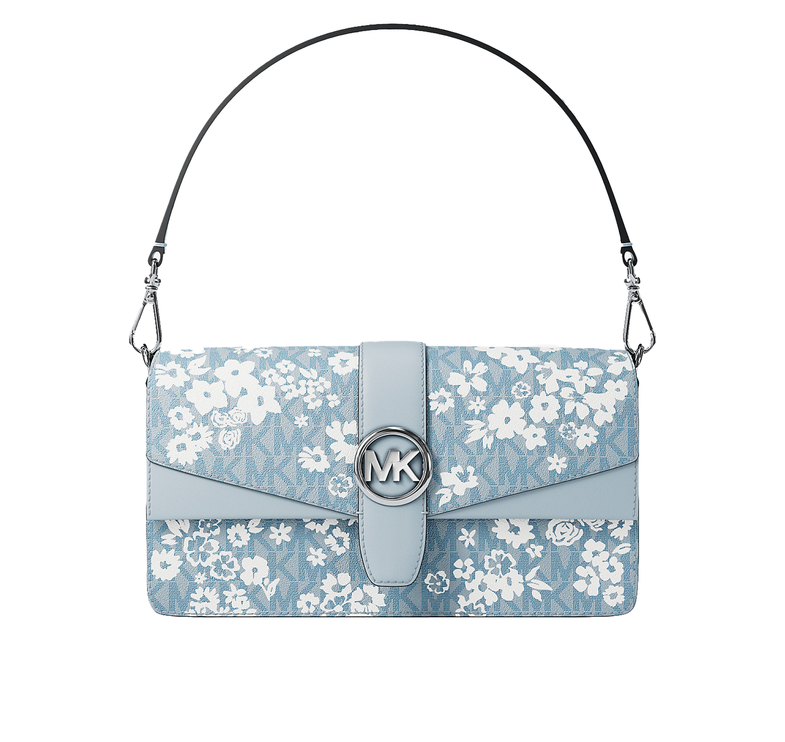 Michael Kors Women's Greenwich Medium Printed Signature Logo Convertible Shoulder Bag Pale Ocean/Silver