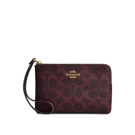 Coach Women's Corner Zip Wristlet In Signature Canvas Gold/Black Currant