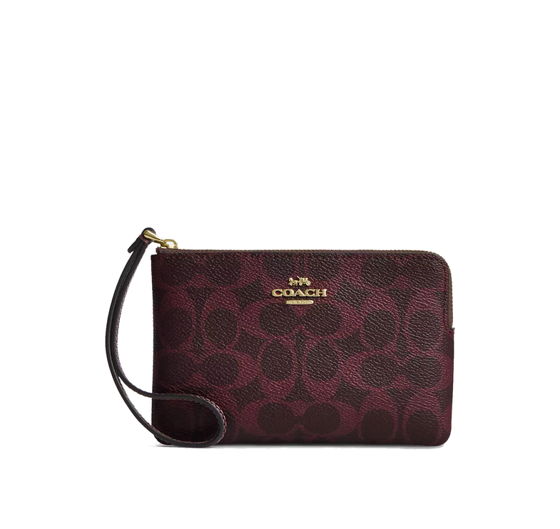 Coach Women's Corner Zip Wristlet In Signature Canvas Gold/Black Currant