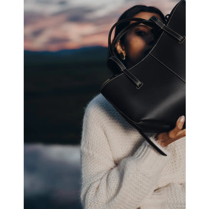 Polène Women's Cyme Mini Edition Textured Black with Ecru Stitching