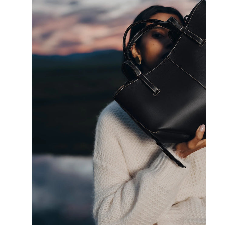 Polène Women's Cyme Mini Edition Textured Black with Ecru Stitching