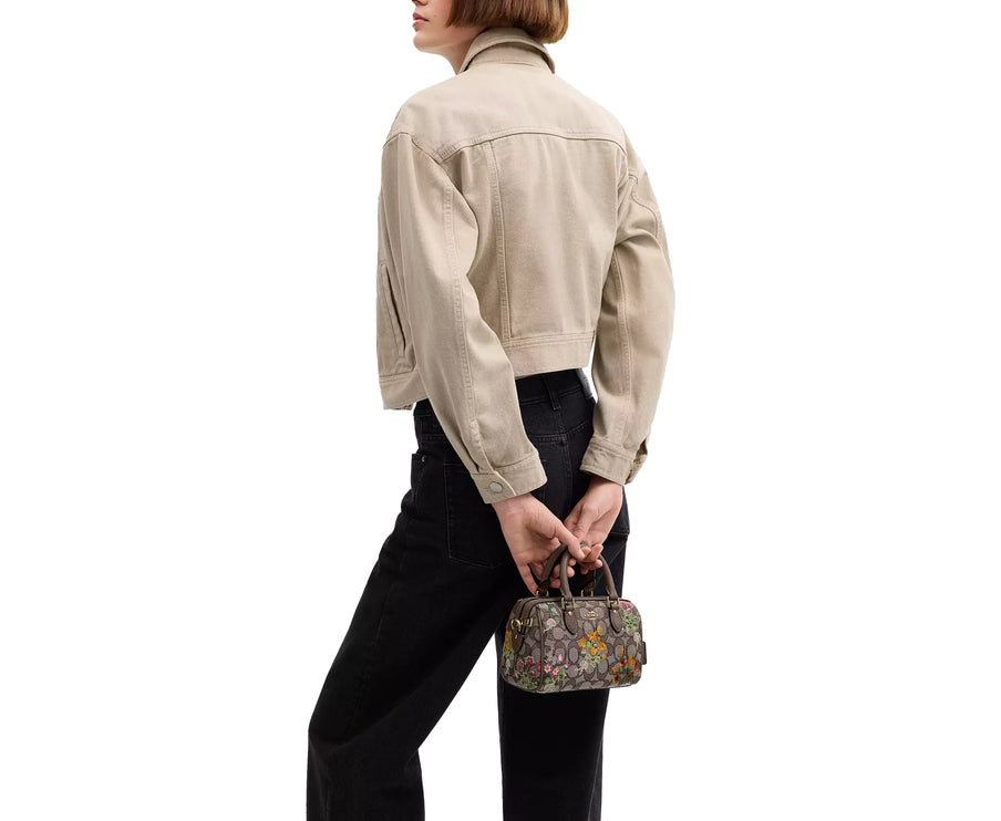 Coach Women's Mini Rowan Crossbody Bag In Signature Jacquard With Floral Embroidery Gold/Oak Multi