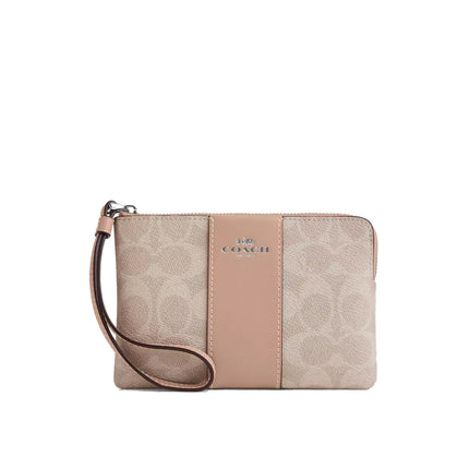 Coach Women's Corner Zip Wristlet In Signature Canvas With Stripe Silver/Sand/Taupe