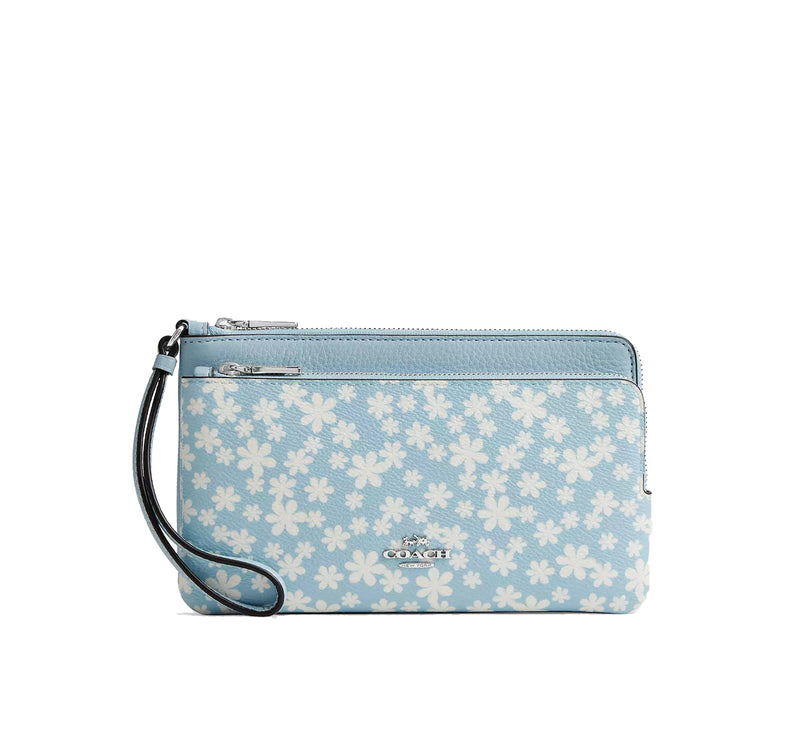 Coach Women's Double Zip Wristlet With Floral Print  Silver/Blue Multi