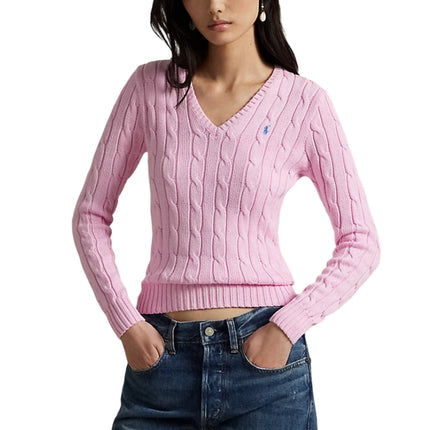 Polo Ralph Lauren Women's Cable-Knit Cotton V-Neck Sweater Carmel Pink