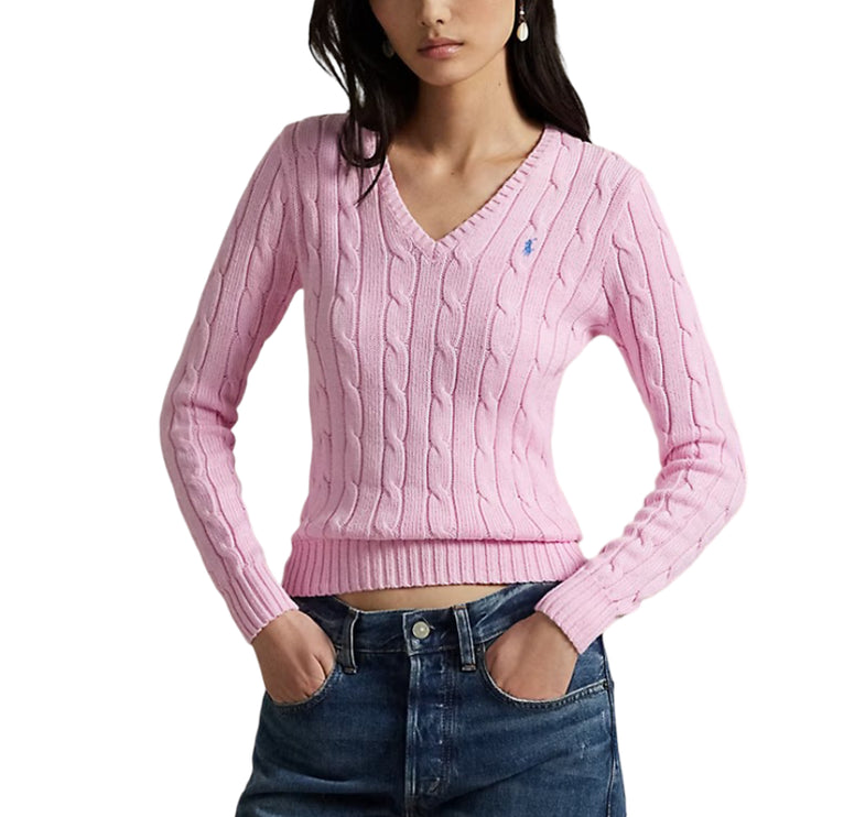 Polo Ralph Lauren Women's Cable-Knit Cotton V-Neck Sweater Carmel Pink