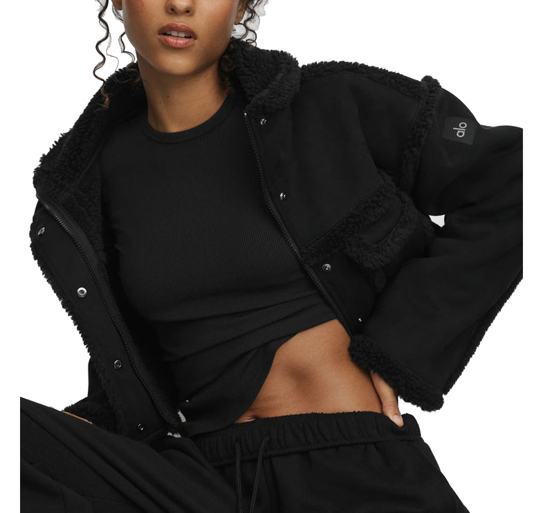 alo Women's Faux Shearling Snowfall Cropped Jacket Black