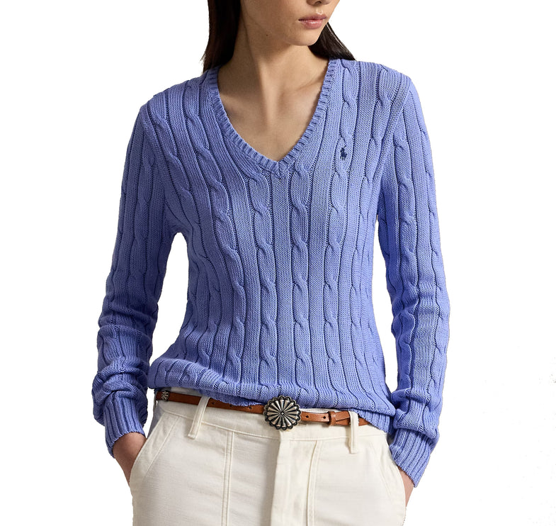 Polo Ralph Lauren Women's Cable-Knit Cotton V-Neck Sweater New Litchfield Blue