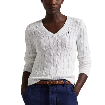 Polo Ralph Lauren Women's Cable-Knit Cotton V-Neck Sweater White