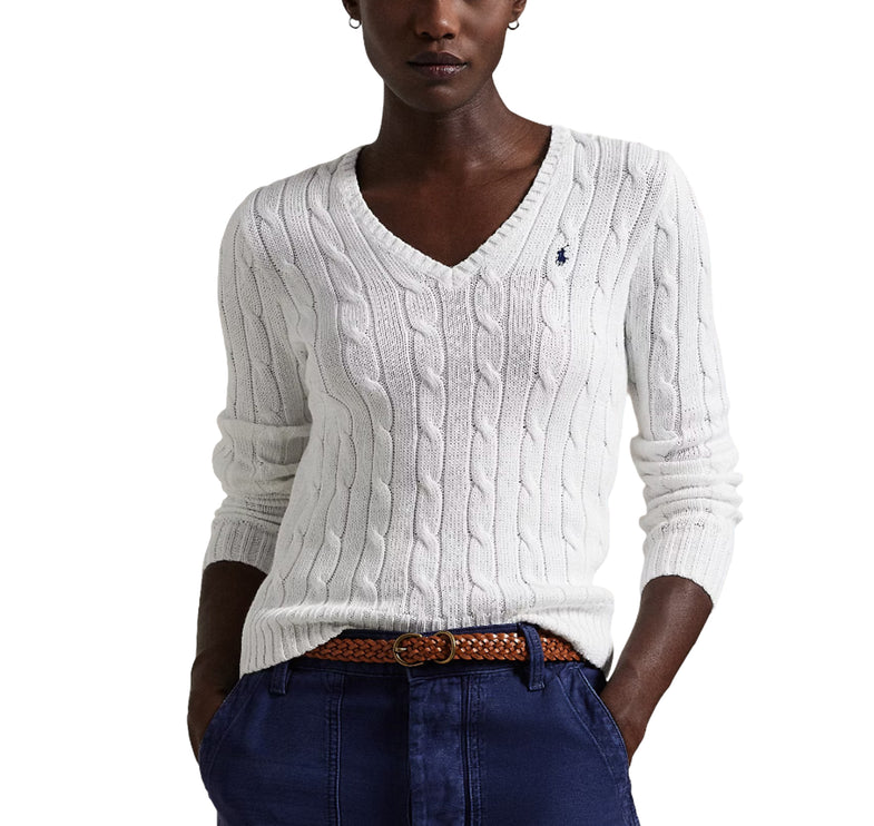 Polo Ralph Lauren Women's Cable-Knit Cotton V-Neck Sweater White