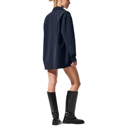 alo Women's Pinstripe Daylight Button Down Long Sleeve Navy/Ivory