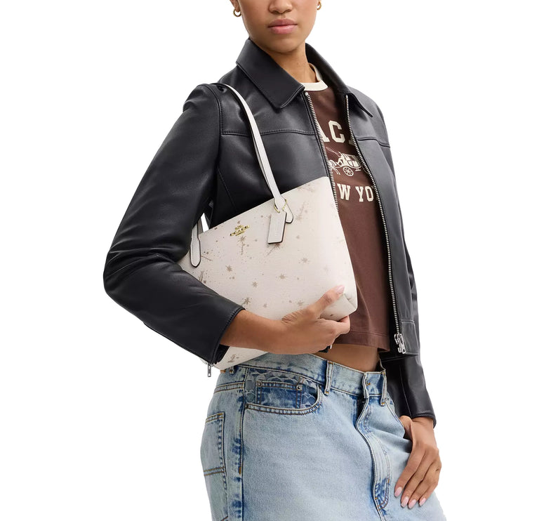 Coach Women's Fiona Zip Tote Bag With Star Print Gold/Chalk Multi