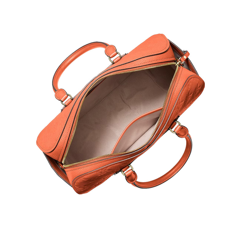 Michael Kors Women's Jet Set Travel Medium Logo Embossed Leather Duffel Crossbody Bag Mimosa