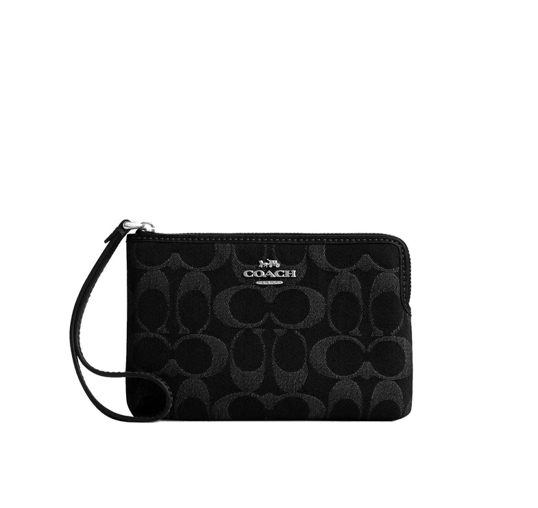 Coach Women's Corner Zip Wristlet In Signature Denim Silver/Black