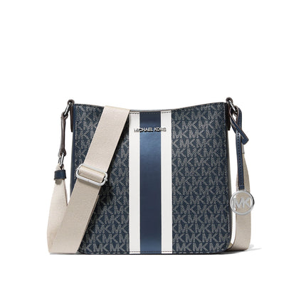 Michael Kors Women's Jet Set Small Signature Logo Stripe Crossbody Bag Navy/Silver