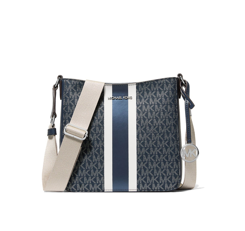 Michael Kors Women's Jet Set Small Signature Logo Stripe Crossbody Bag Navy/Silver
