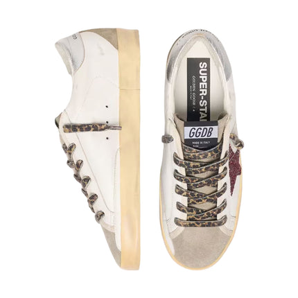 Golden Goose Women's Super Star with Burgundy Glitter Star and Silver Heel Tab