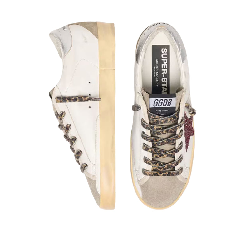 Golden Goose Women's Super Star with Burgundy Glitter Star and Silver Heel Tab