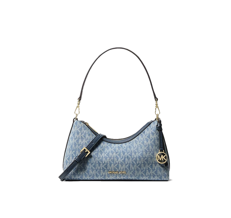 Michael Kors Women's Sammy Small Signature Logo Print Denim Convertible Crossbody Bag Light Vintage Blue Wash