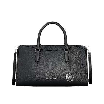Michael Kors Women's Arden Medium Pebbled Leather and Signature Logo Top-Zip Satchel Bag Black/Silver