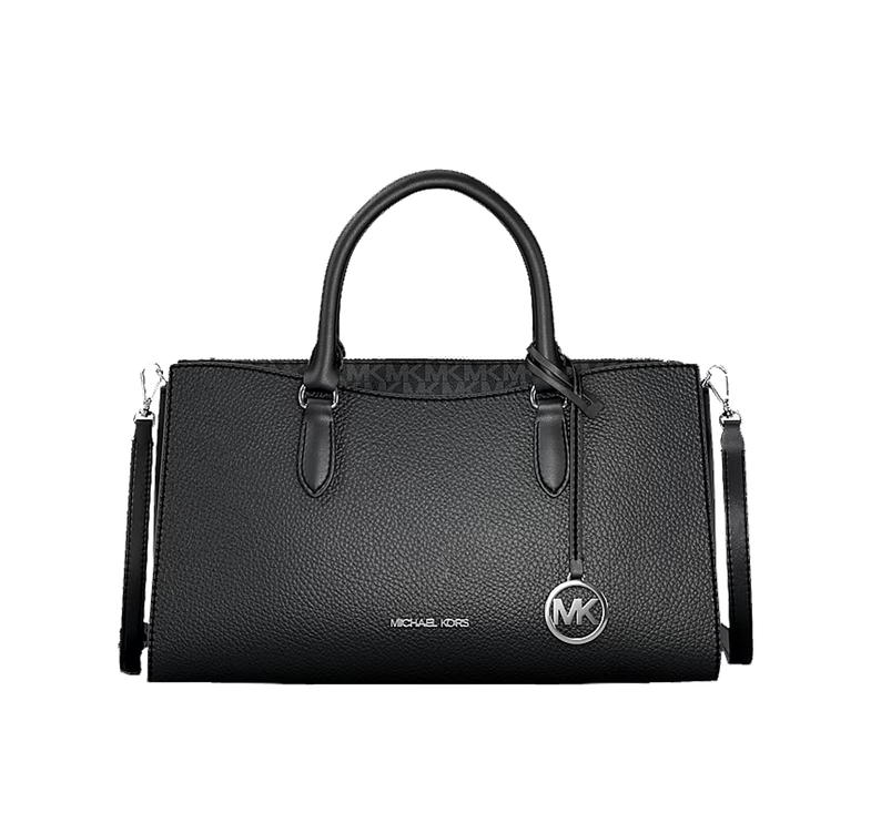 Michael Kors Women's Arden Medium Pebbled Leather and Signature Logo Top-Zip Satchel Bag Black/Silver