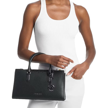 Michael Kors Women's Arden Medium Pebbled Leather and Signature Logo Top-Zip Satchel Bag Black/Silver