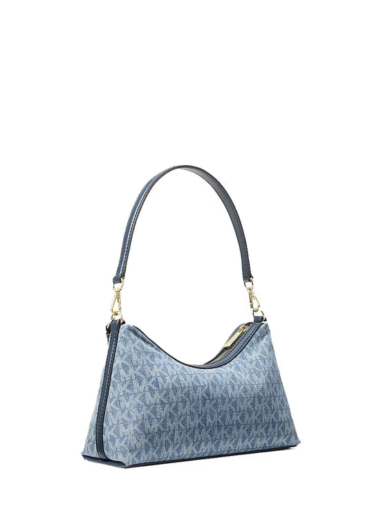 Michael Kors Women's Sammy Small Signature Logo Print Denim Convertible Crossbody Bag Light Vintage Blue Wash
