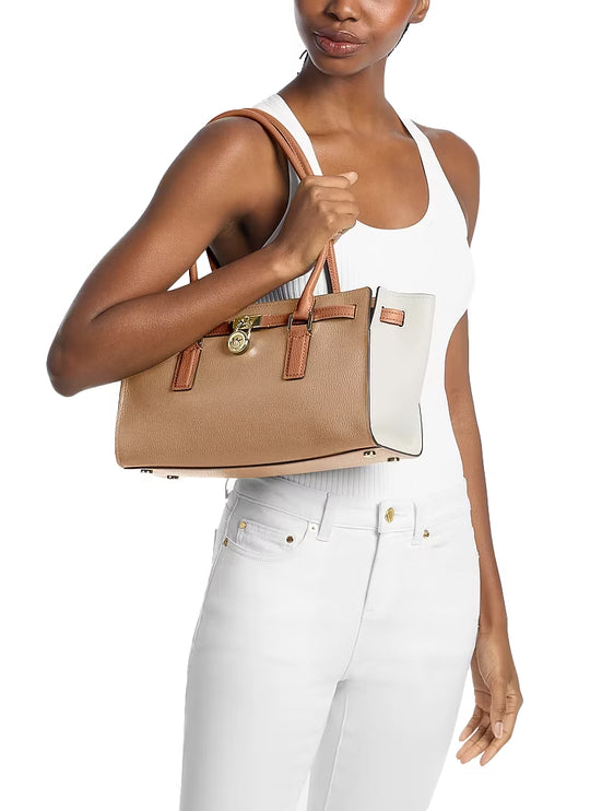 Michael Kors Women's Hamilton Small Color-Blocked Leather Satchel Bag Khaki Multi