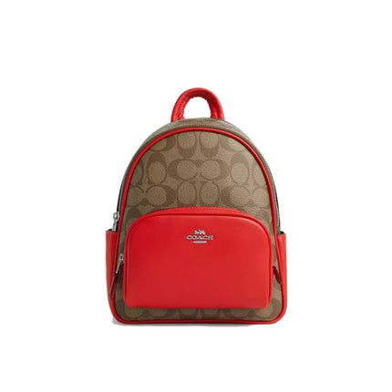 Coach Women's Mini Court Backpack In Signature Canvas Silver/Khaki/Miami Red