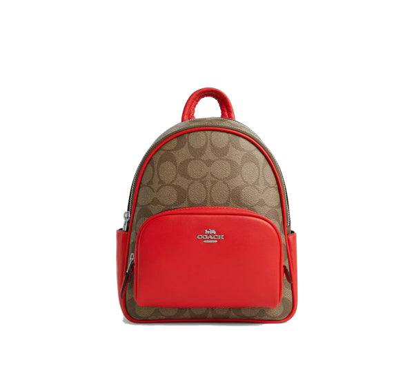 Coach Women's Mini Court Backpack In Signature Canvas Silver/Khaki/Miami Red
