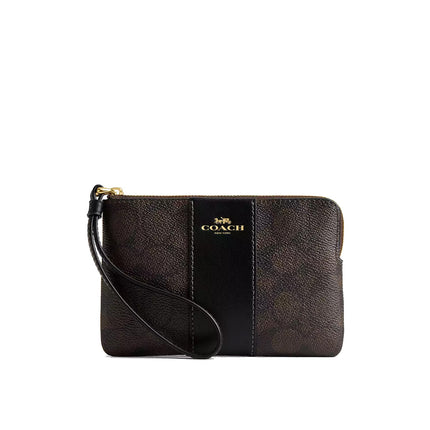 Coach Women's Corner Zip Wristlet In Signature Canvas With Stripe Gold/Walnut/Black