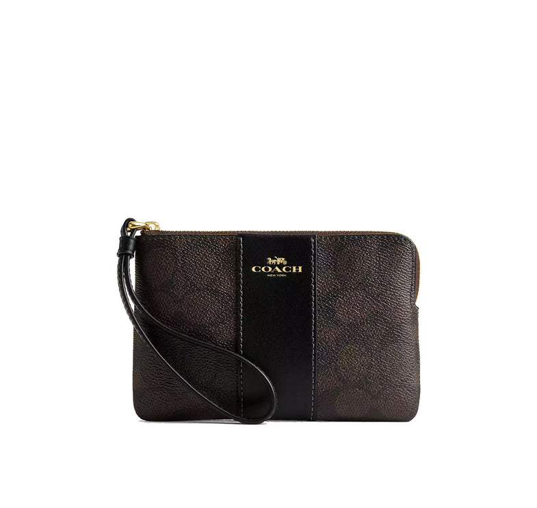 Coach Women's Corner Zip Wristlet In Signature Canvas With Stripe Gold/Walnut/Black