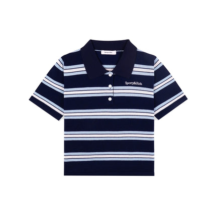 Sporty & Rich Women's Serif Logo Silk Pique Cropped Polo Navy/White/Flax Blue