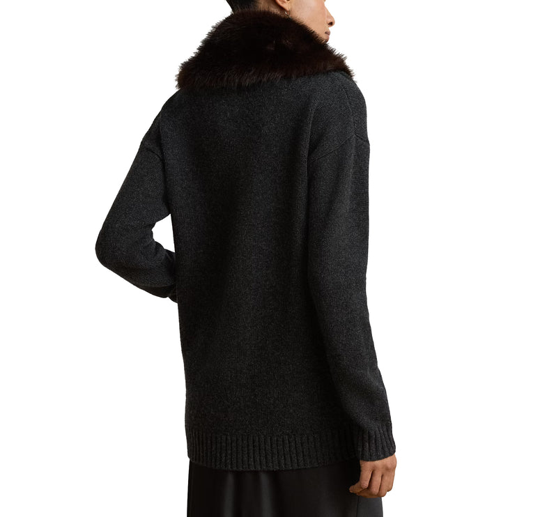 Polo Ralph Lauren Women's Faux-Fur-Trim Wool-Cashmere Cardigan Onyx Heather
