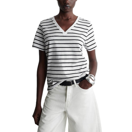 COS Women's V-Neck Cotton T-Shirt White/Striped