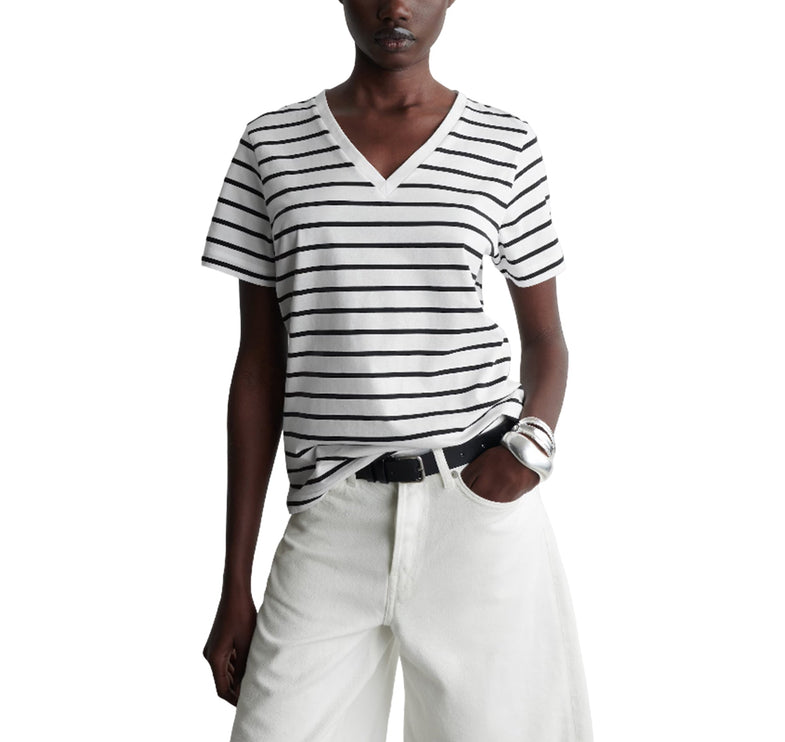 COS Women's V-Neck Cotton T-Shirt White/Striped