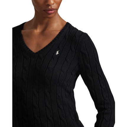 Polo Ralph Lauren Women's Cable-Knit Cotton V-Neck Sweater Polo Black/White